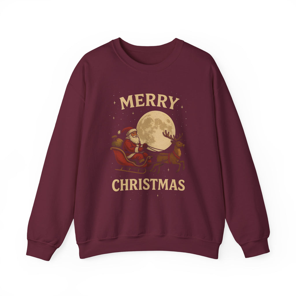Merry Christmas Sweatshirt — Santa Sleigh Moon Graphic Crewneck