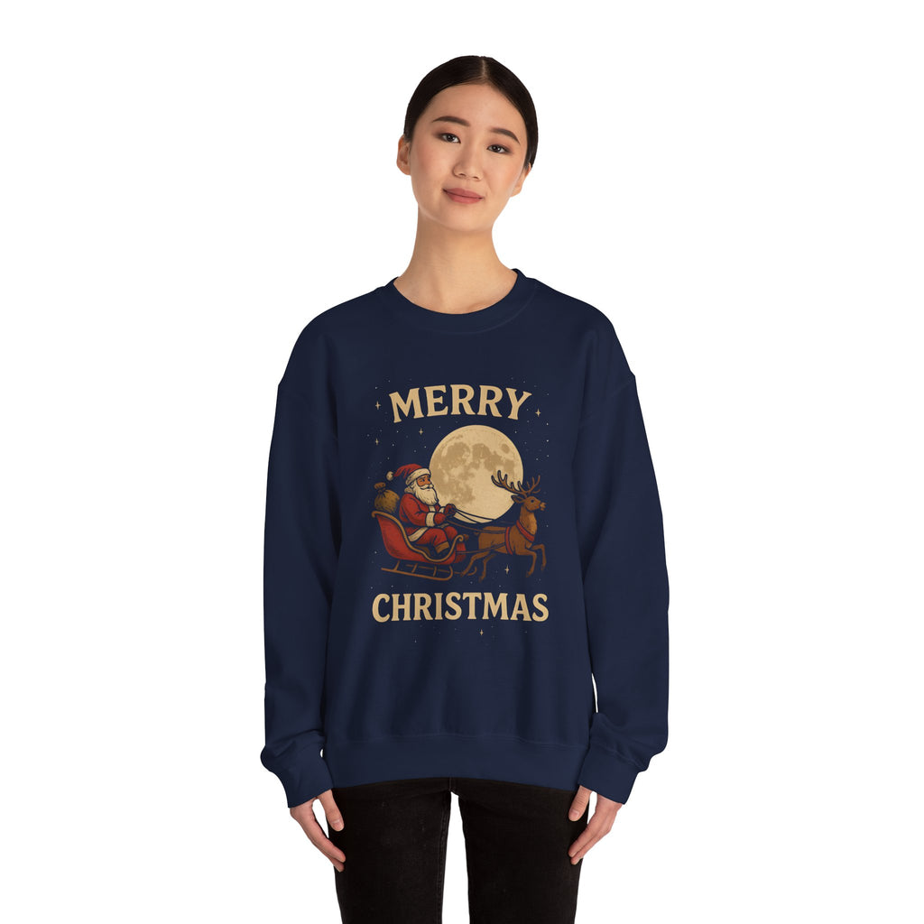 Merry Christmas Sweatshirt — Santa Sleigh Moon Graphic Crewneck