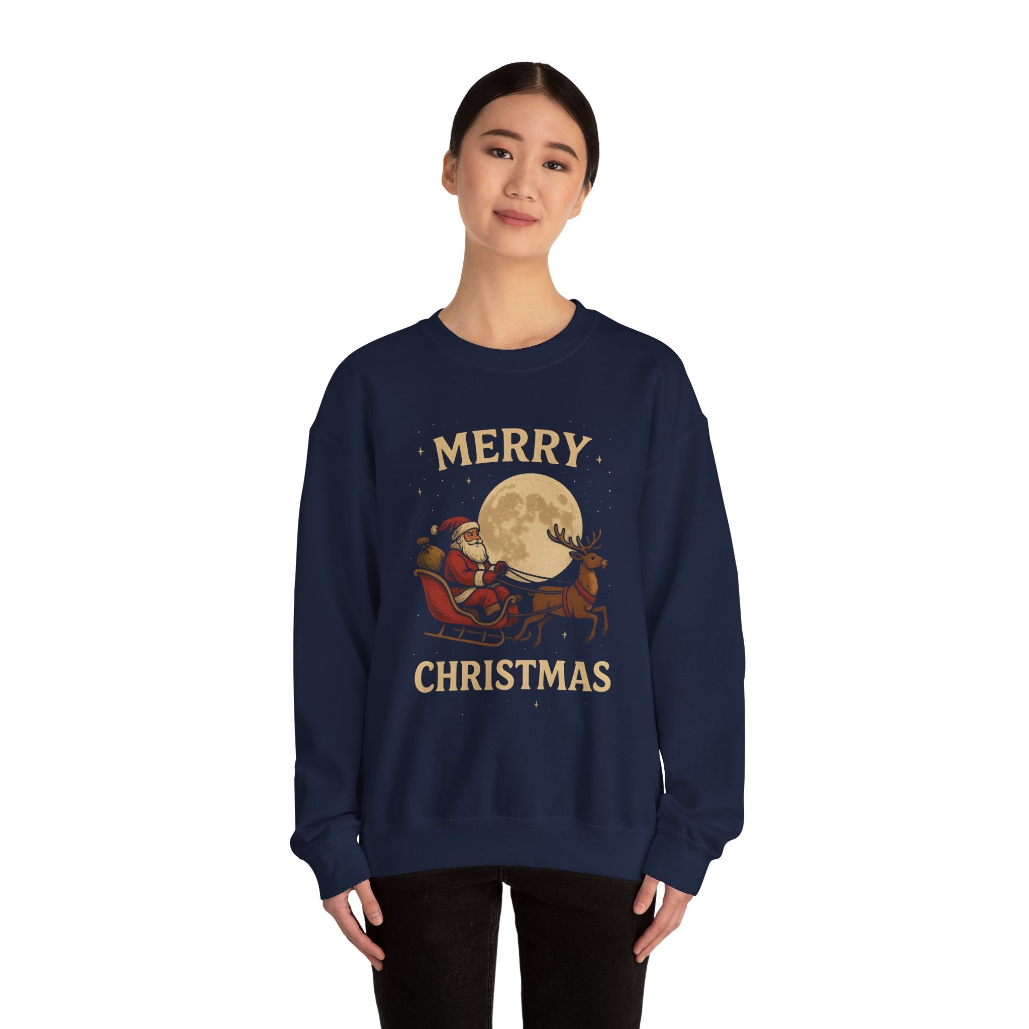 Merry Christmas Sweatshirt — Santa Sleigh Moon Graphic Crewneck