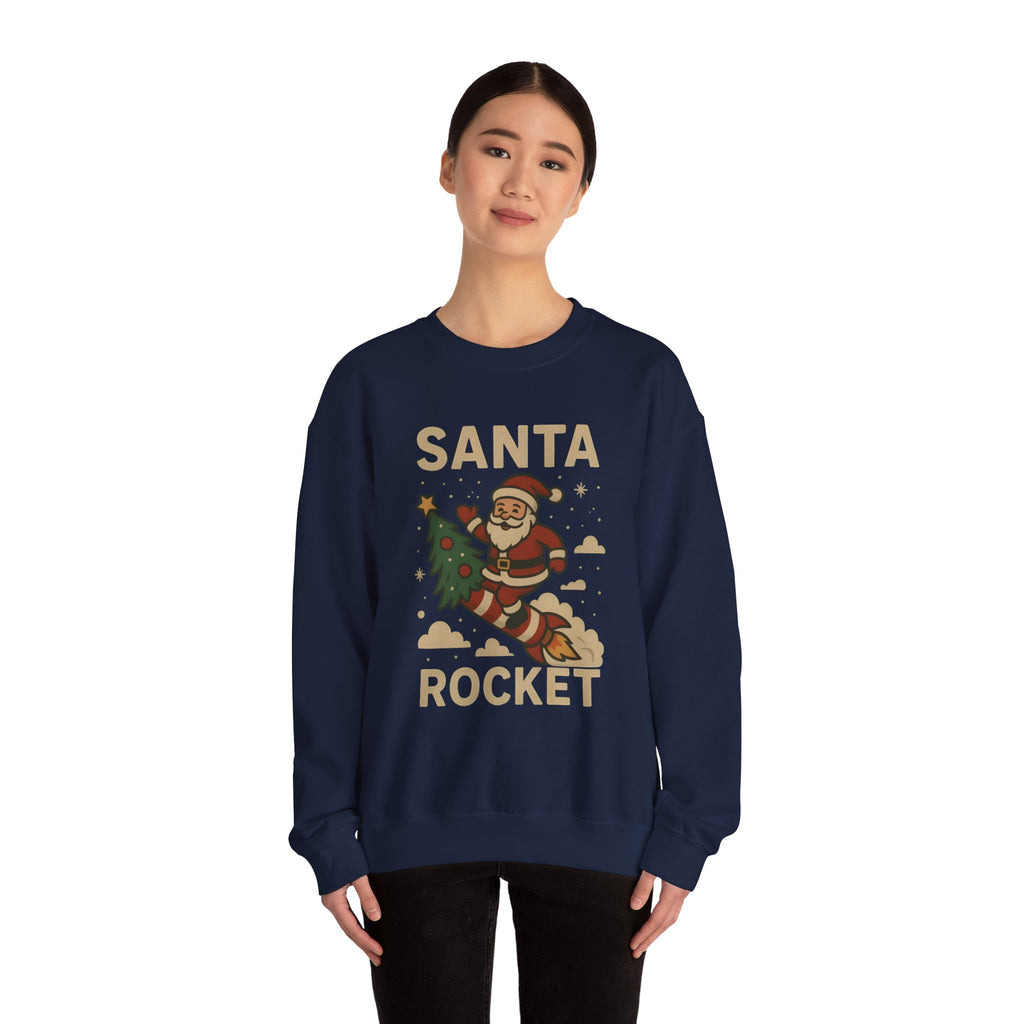 Santa Rocket Sweatshirt — Retro Christmas Santa on Rocket with 'SANTA ROCKET' Text
