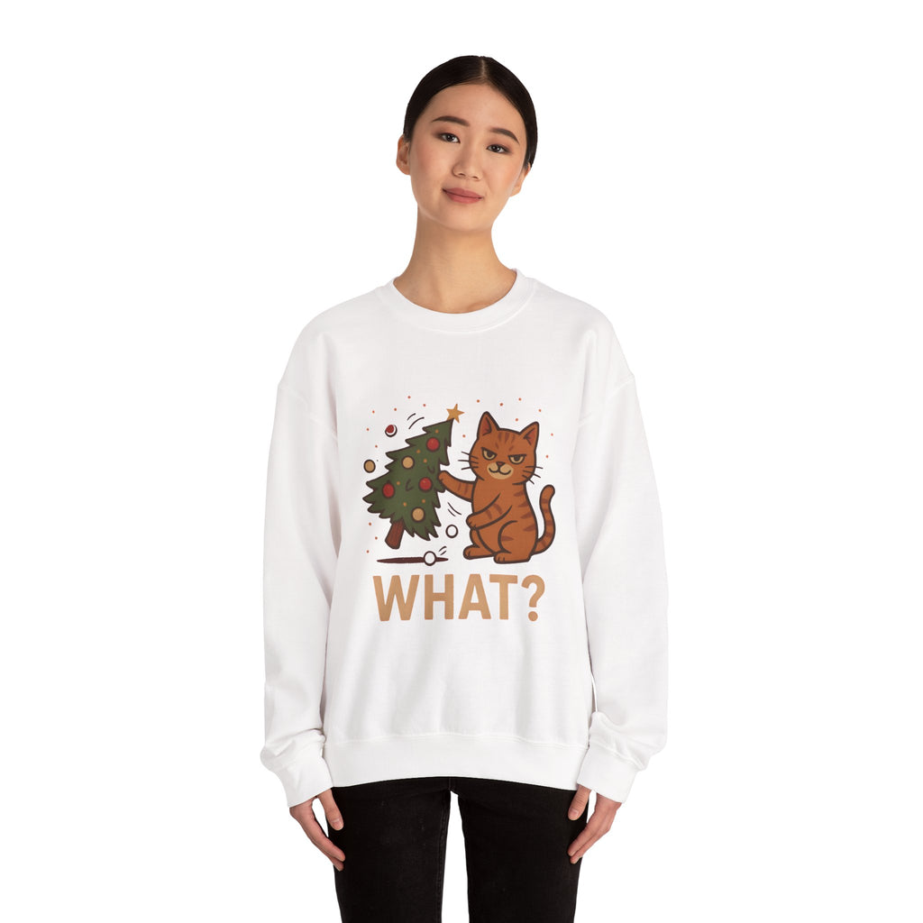 Funny Cat Christmas Sweatshirt — 'WHAT?' Kitty Knocks Over Tree Holiday Crewneck