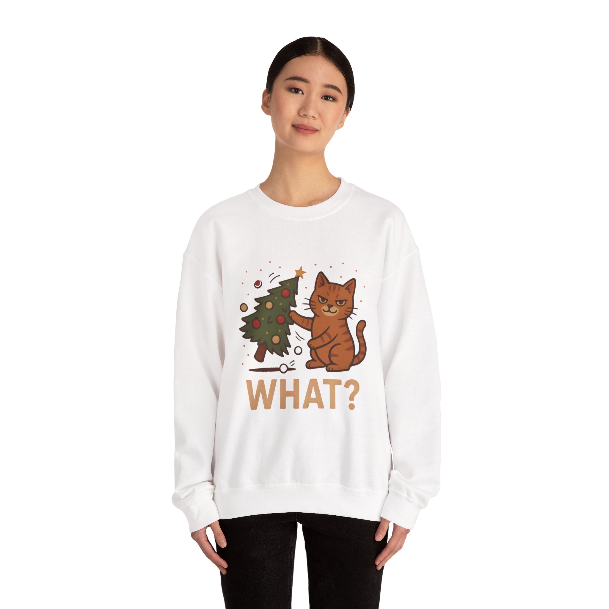 Funny Cat Christmas Sweatshirt — 'WHAT?' Kitty Knocks Over Tree Holiday Crewneck
