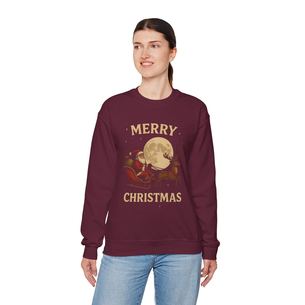 Merry Christmas Sweatshirt — Santa Sleigh Moon Graphic Crewneck