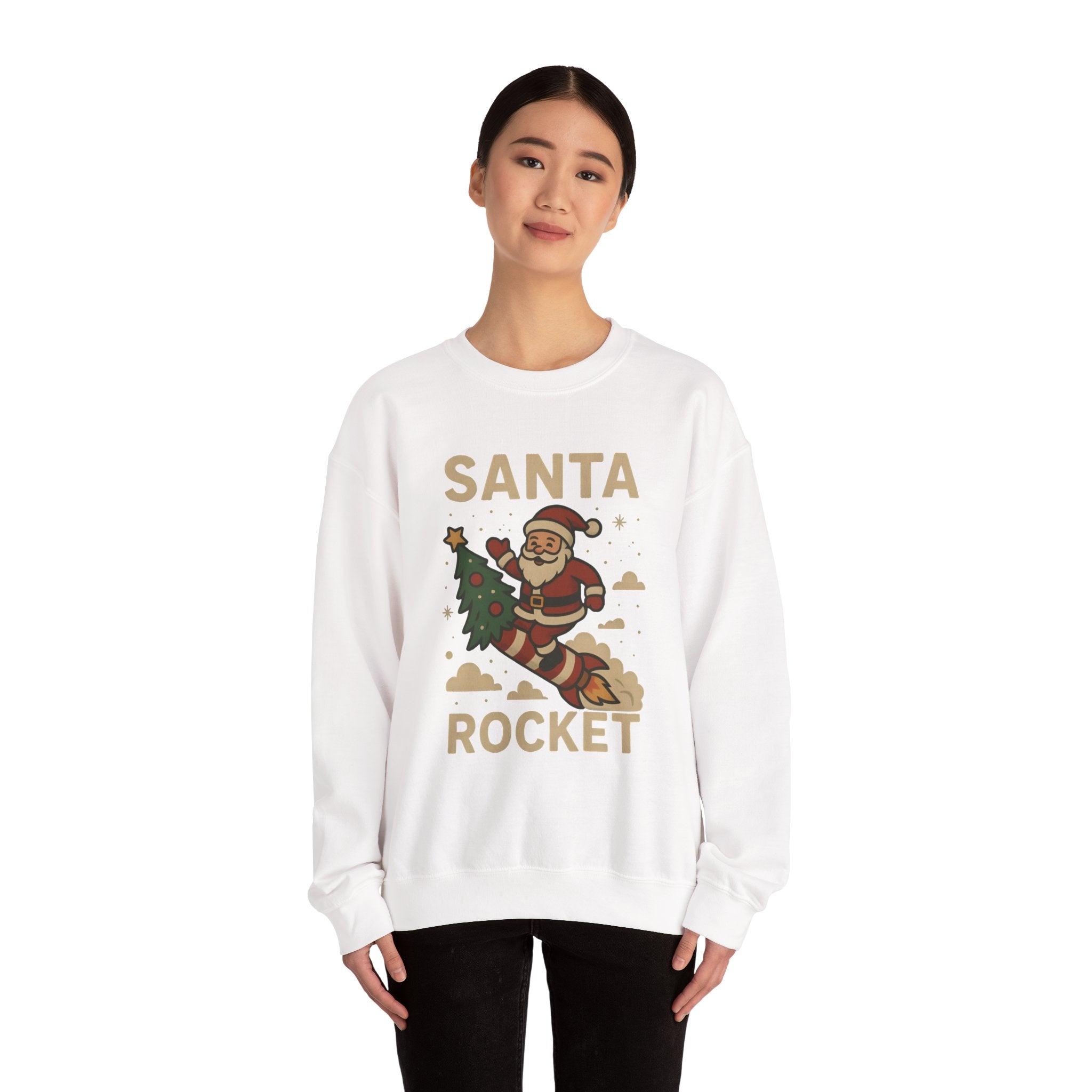 Santa Rocket Sweatshirt — Retro Christmas Santa on Rocket with 'SANTA ROCKET' Text