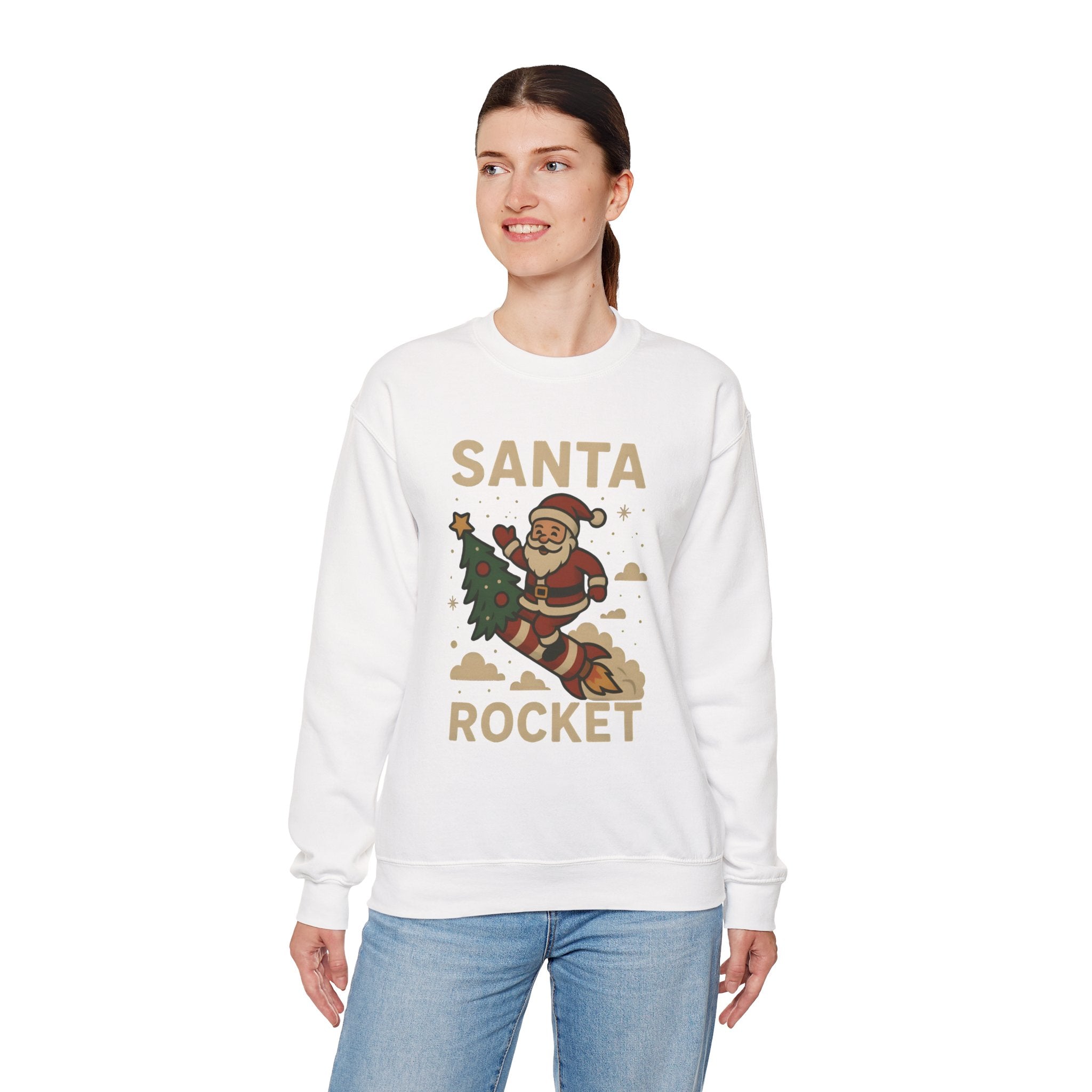 Santa Rocket Sweatshirt — Retro Christmas Santa on Rocket with 'SANTA ROCKET' Text