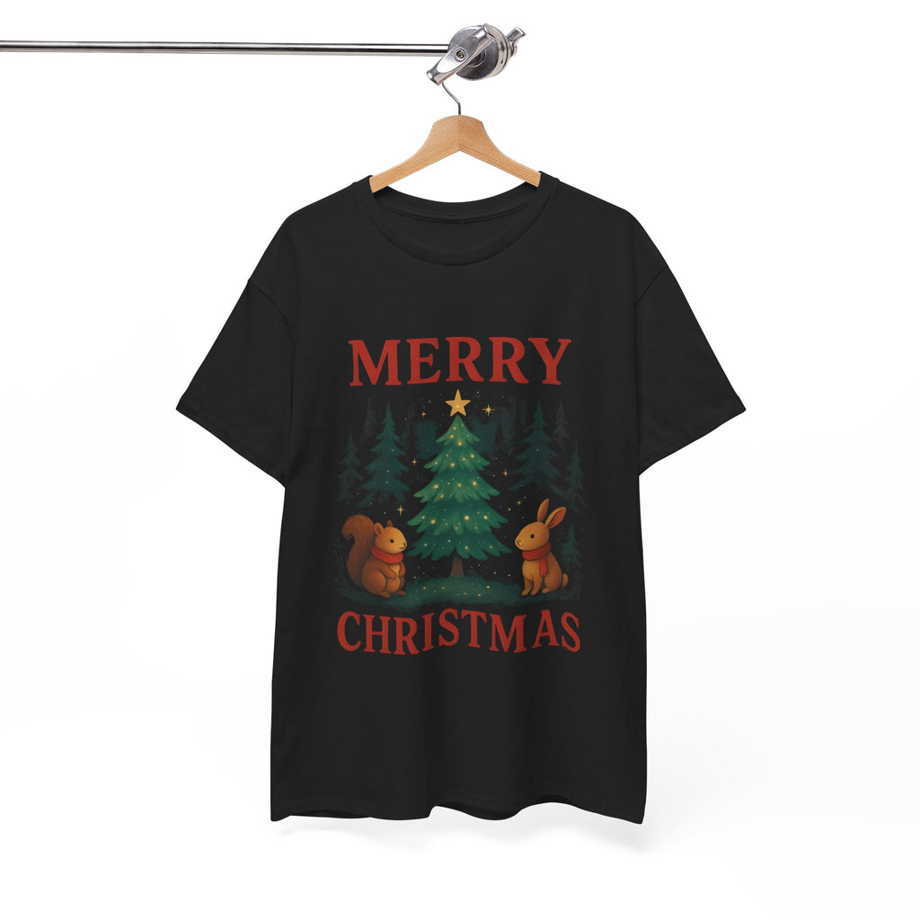 Christmas Tee — 'Merry Christmas' Woodland Tree with Squirrel & Bunny Holiday Shirt