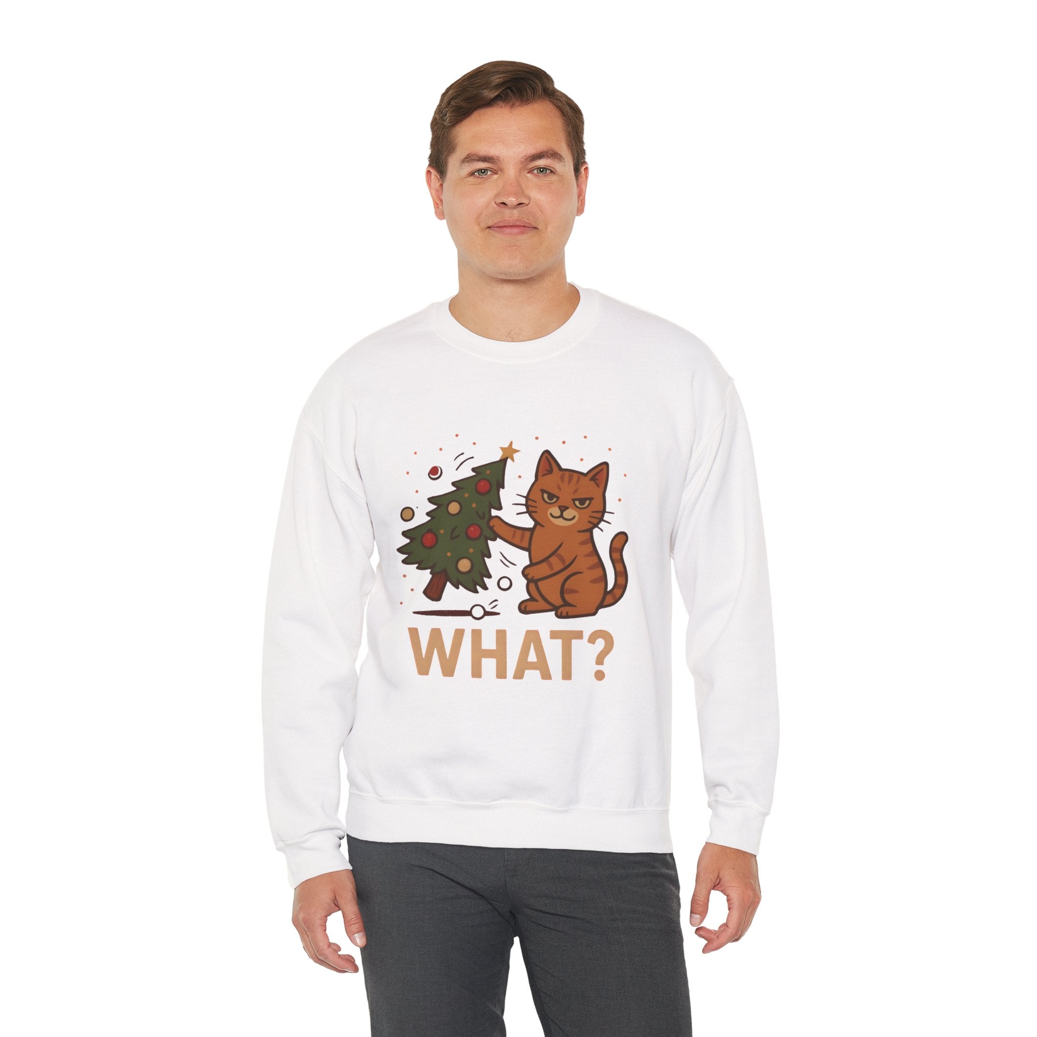 Funny Cat Christmas Sweatshirt — 'WHAT?' Kitty Knocks Over Tree Holiday Crewneck