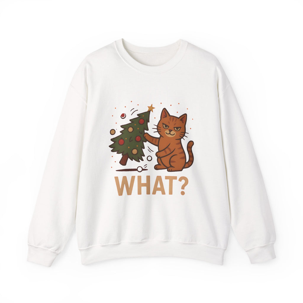 Funny Cat Christmas Sweatshirt — 'WHAT?' Kitty Knocks Over Tree Holiday Crewneck