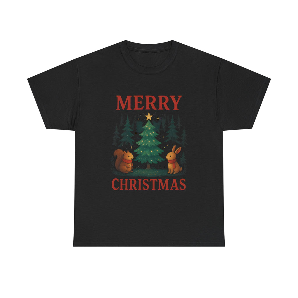 Christmas Tee — 'Merry Christmas' Woodland Tree with Squirrel & Bunny Holiday Shirt