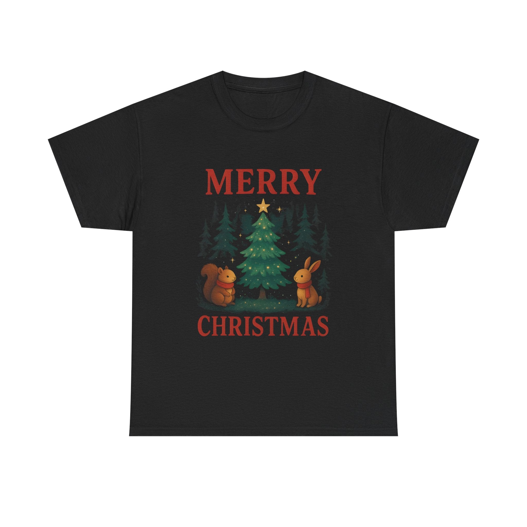 Christmas Tee — 'Merry Christmas' Woodland Tree with Squirrel & Bunny Holiday Shirt