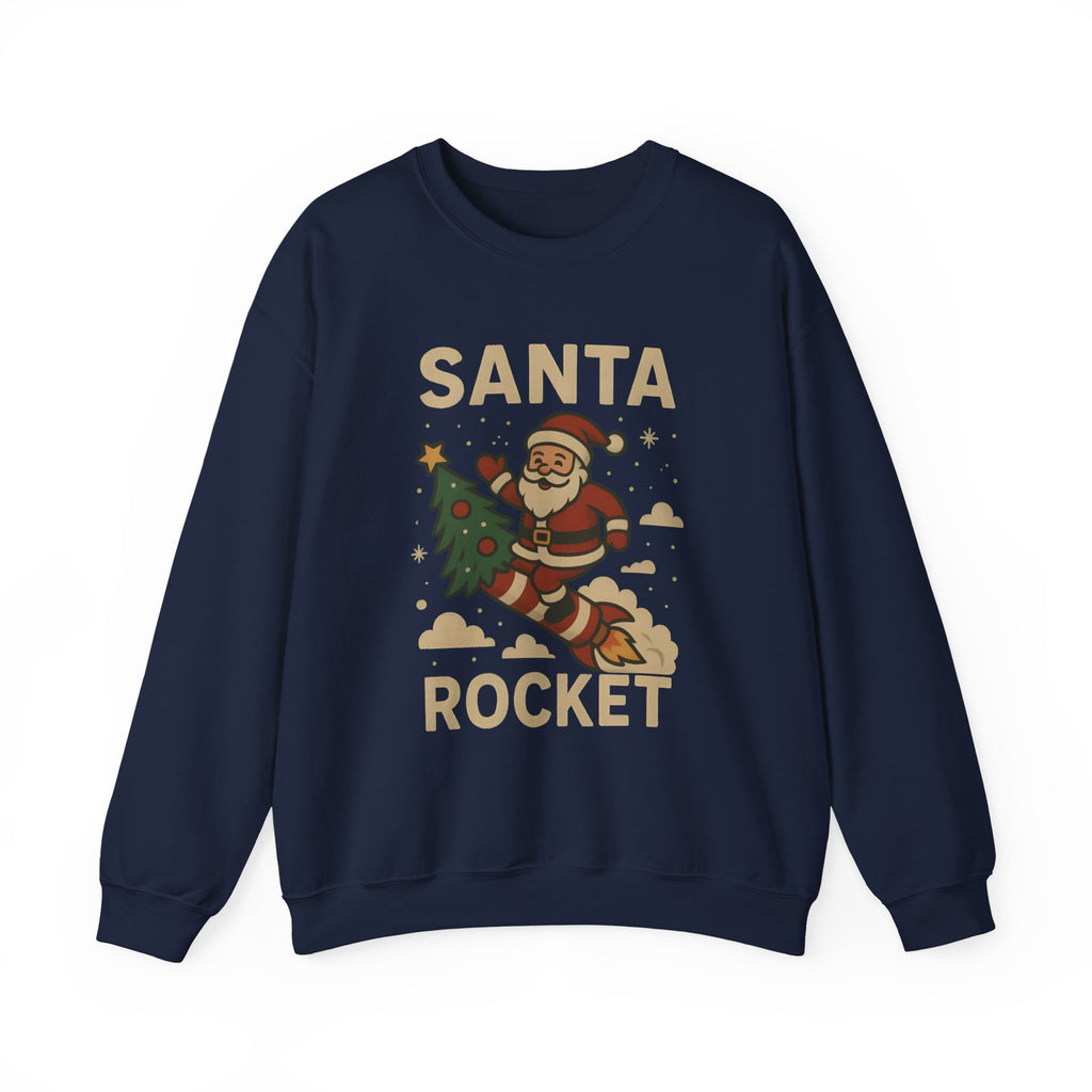 Santa Rocket Sweatshirt — Retro Christmas Santa on Rocket with 'SANTA ROCKET' Text