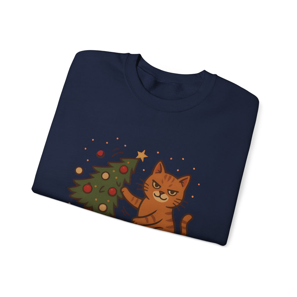 Funny Cat Christmas Sweatshirt — 'WHAT?' Kitty Knocks Over Tree Holiday Crewneck