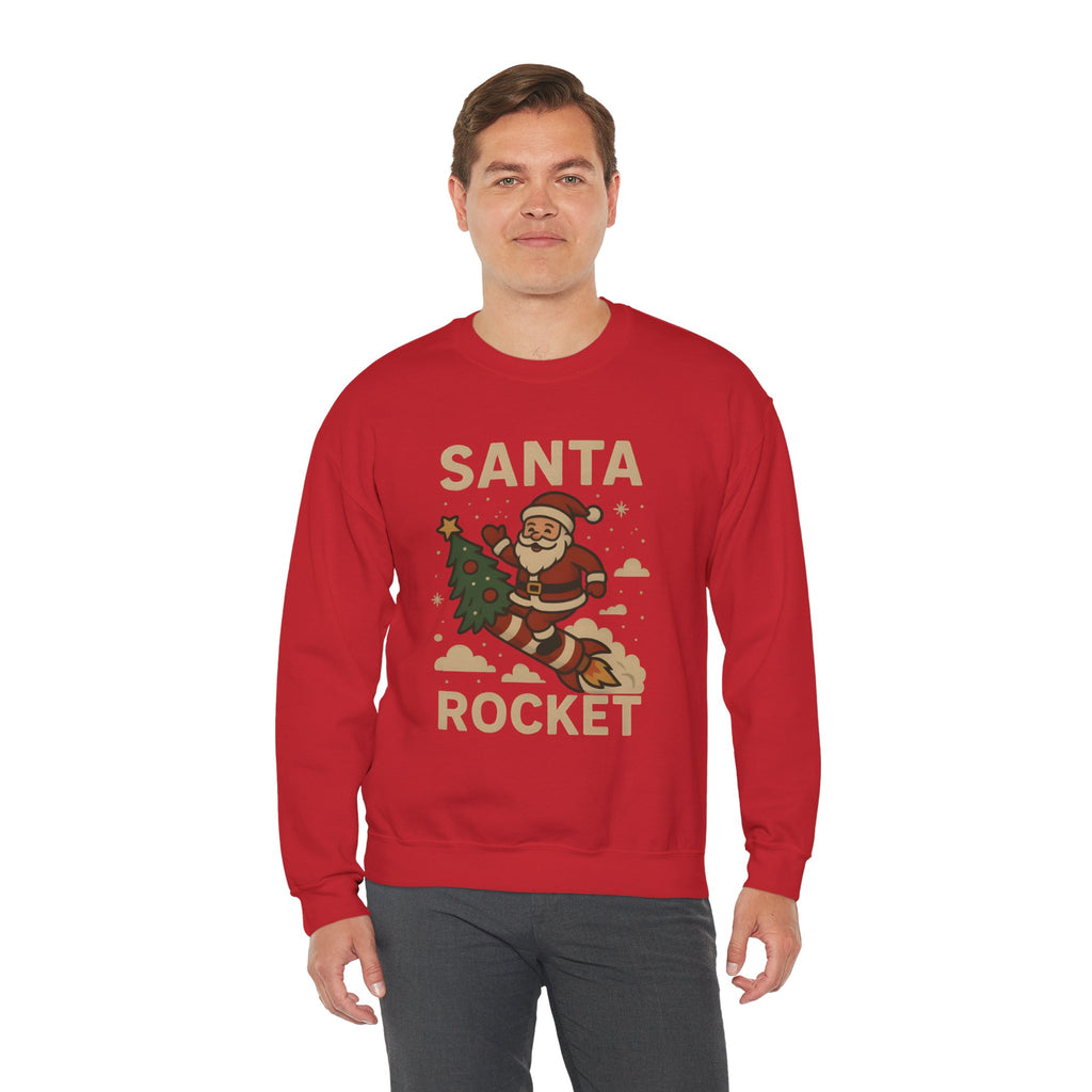 Santa Rocket Sweatshirt — Retro Christmas Santa on Rocket with 'SANTA ROCKET' Text