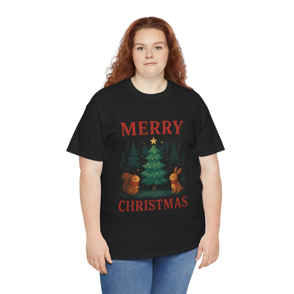 Christmas Tee — 'Merry Christmas' Woodland Tree with Squirrel & Bunny Holiday Shirt