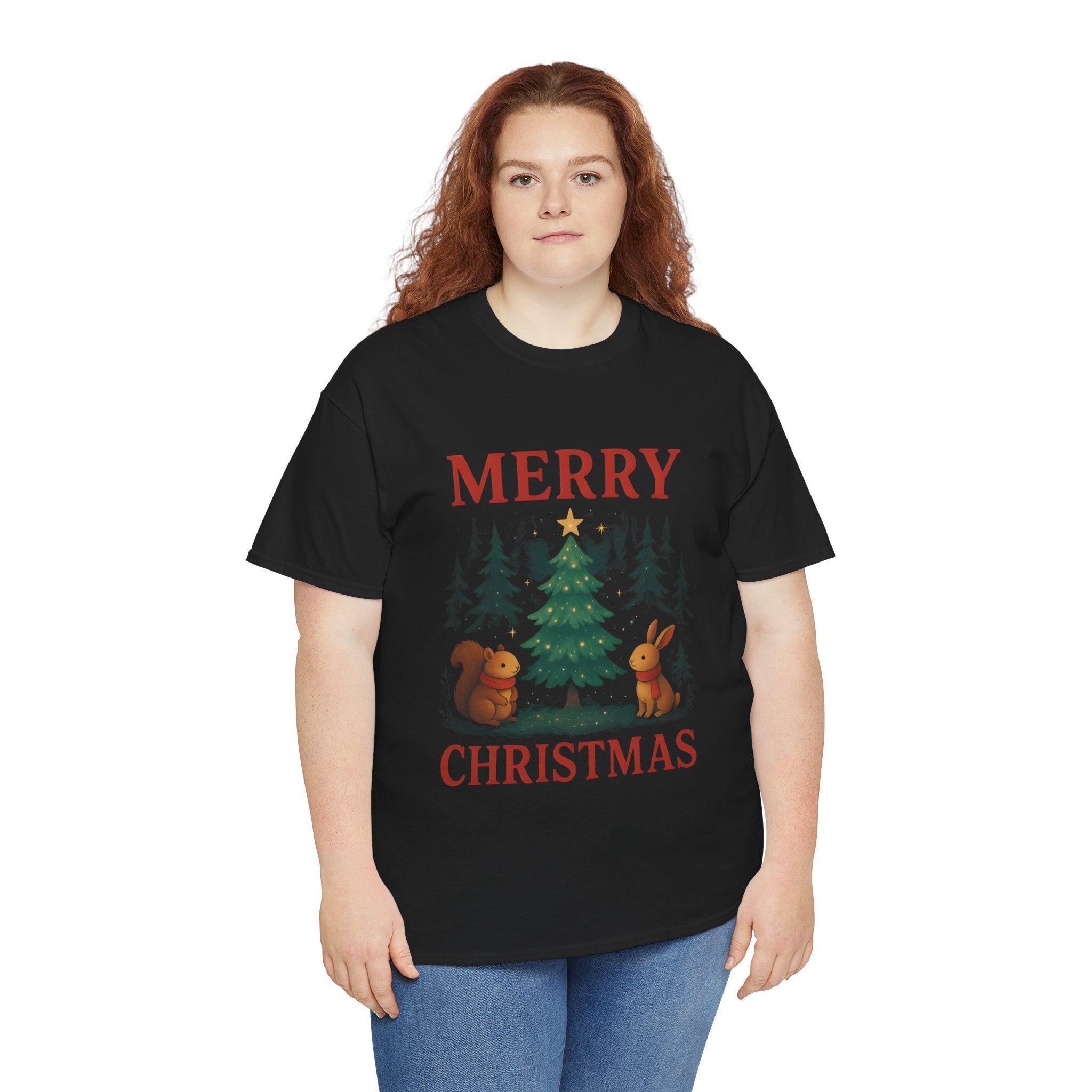 Christmas Tee — 'Merry Christmas' Woodland Tree with Squirrel & Bunny Holiday Shirt