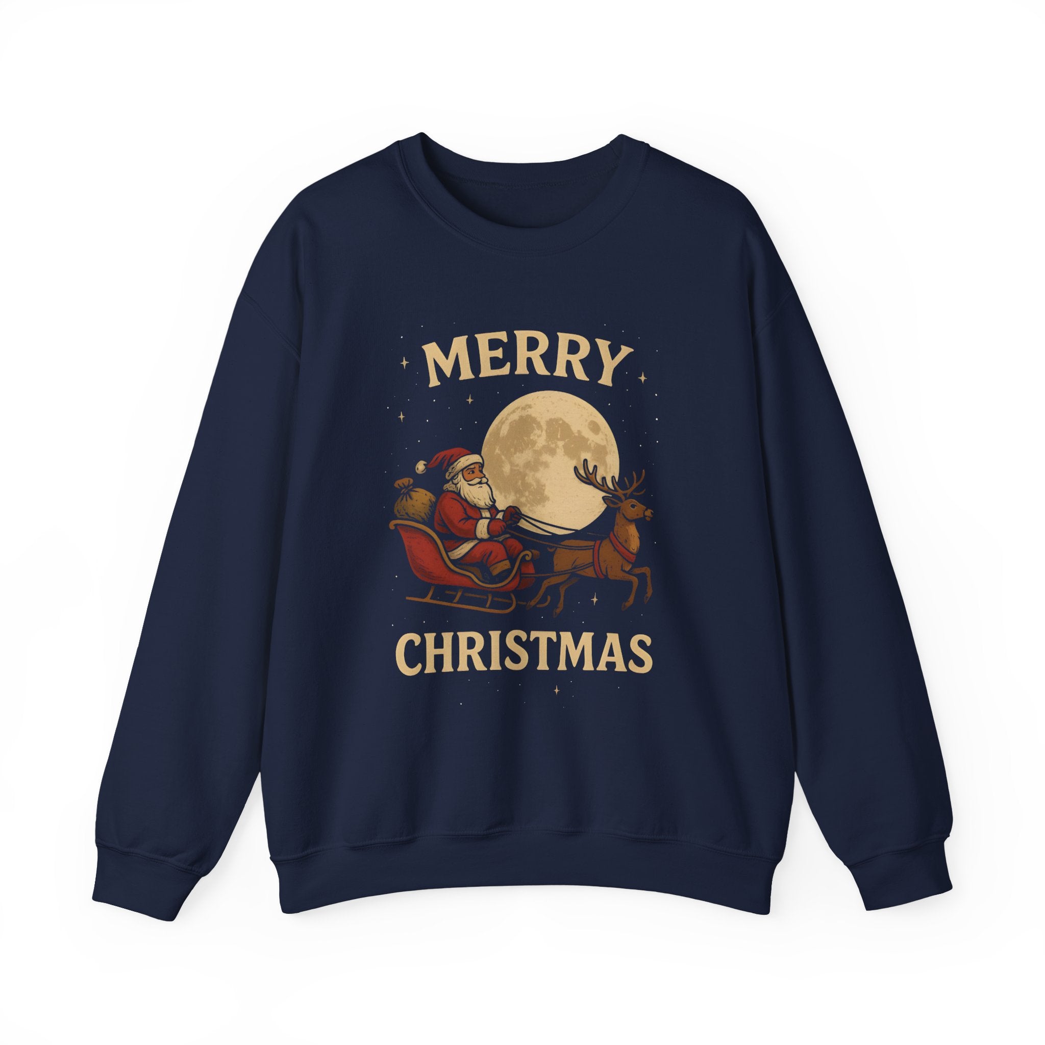 Merry Christmas Sweatshirt — Santa Sleigh Moon Graphic Crewneck
