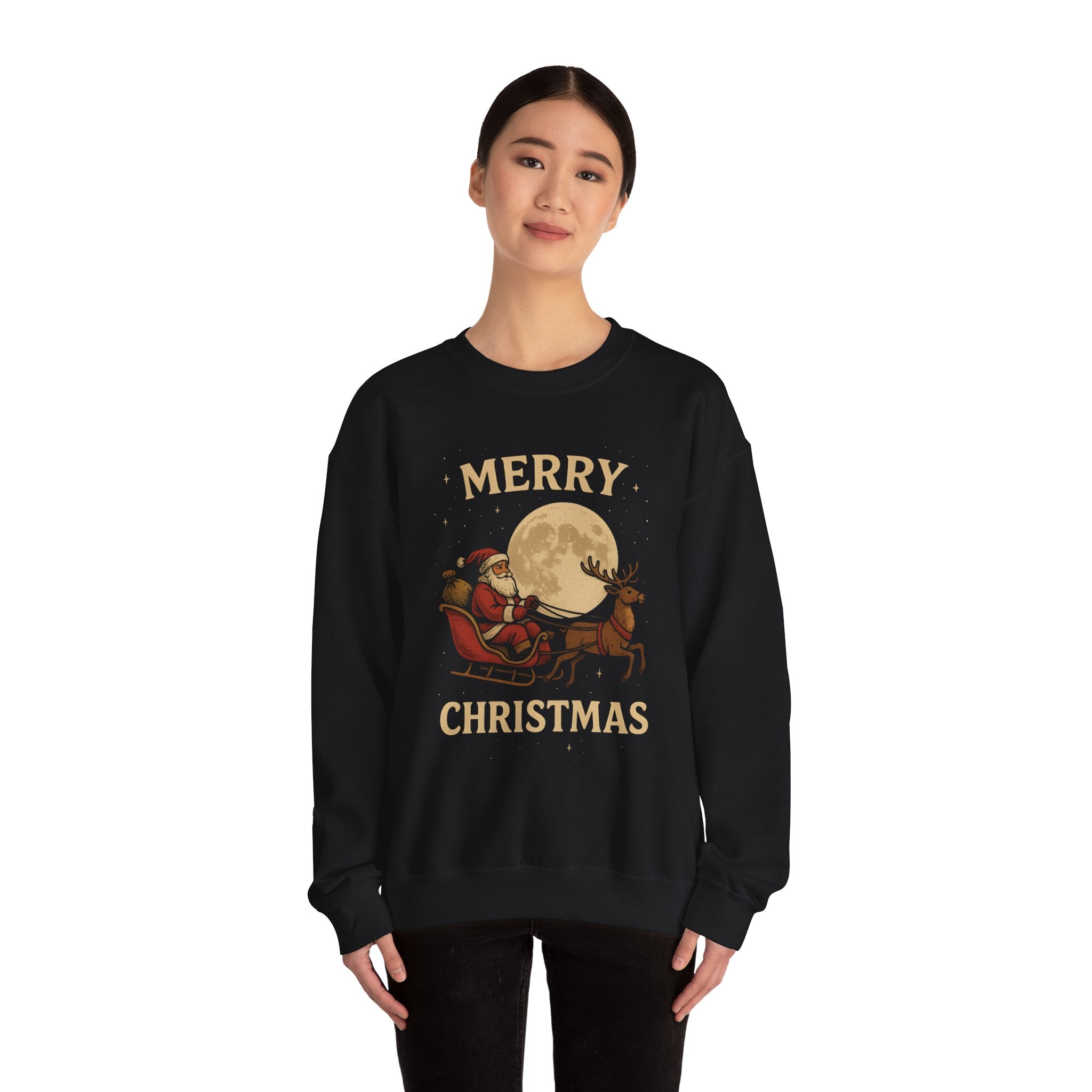 Merry Christmas Sweatshirt — Santa Sleigh Moon Graphic Crewneck