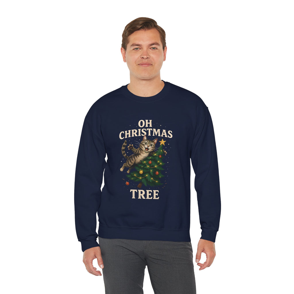 Oh Christmas Tree Cat Sweatshirt – Funny Holiday Crewneck for Cat Lovers