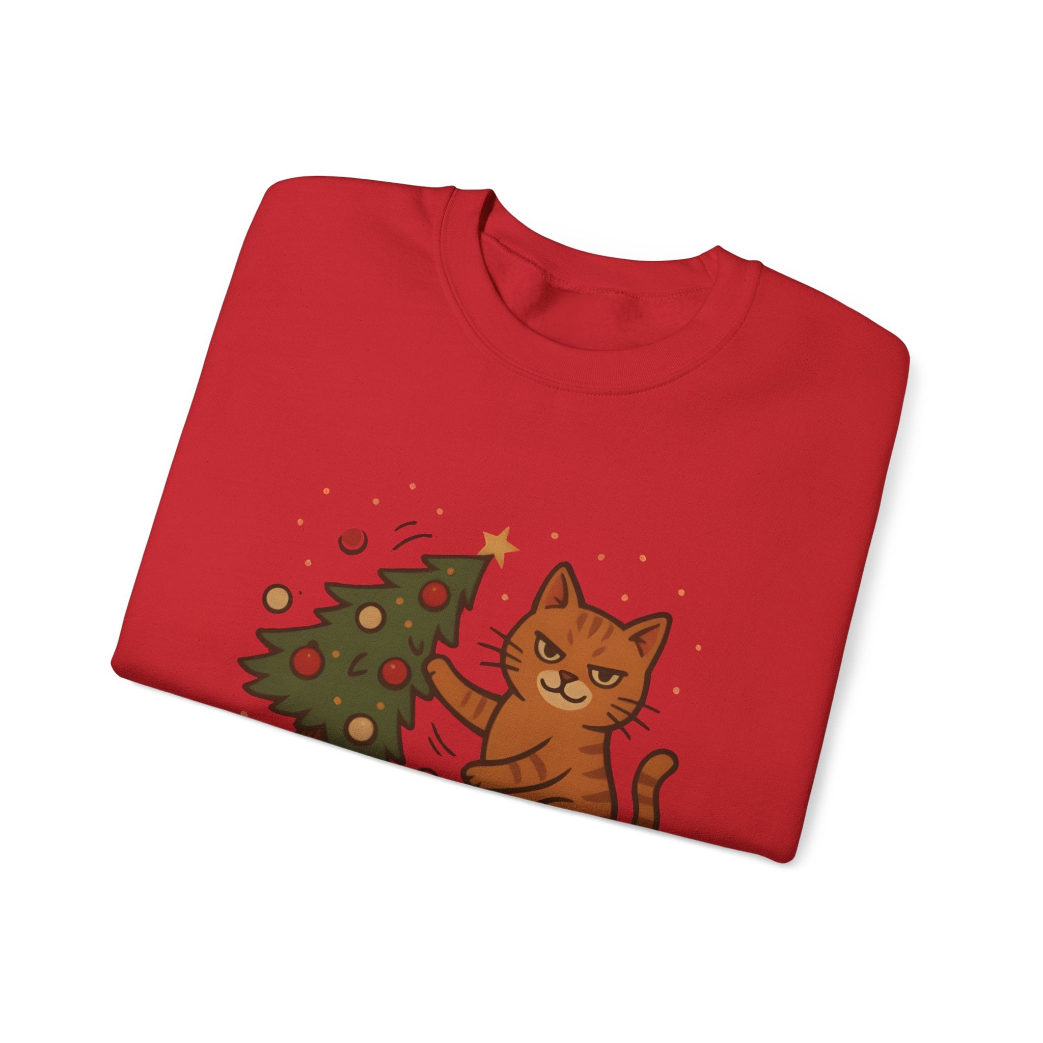 Funny Cat Christmas Sweatshirt — 'WHAT?' Kitty Knocks Over Tree Holiday Crewneck