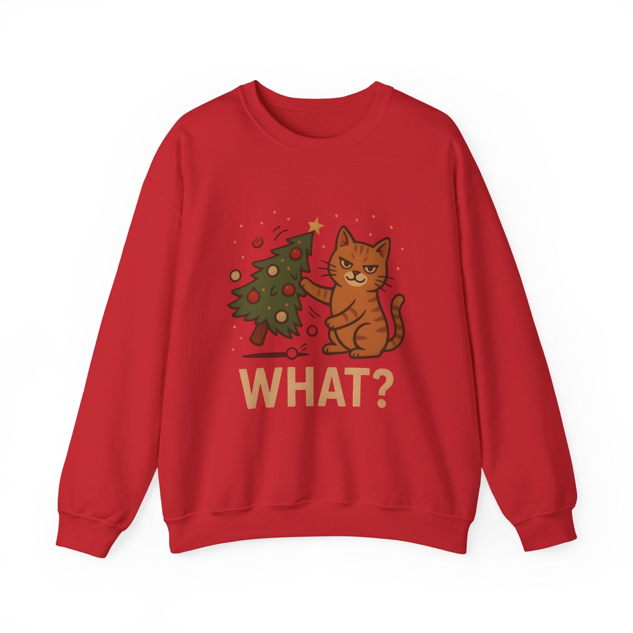 Funny Cat Christmas Sweatshirt — 'WHAT?' Kitty Knocks Over Tree Holiday Crewneck