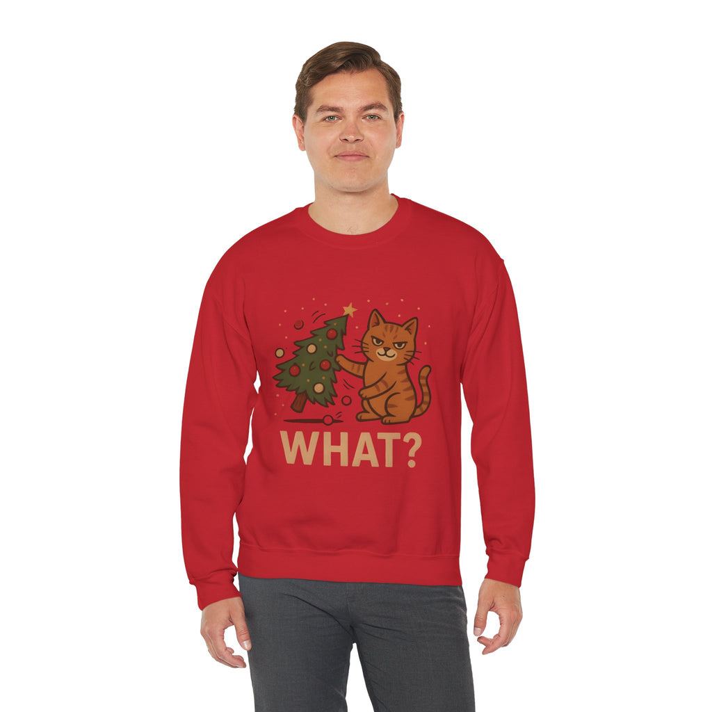 Funny Cat Christmas Sweatshirt — 'WHAT?' Kitty Knocks Over Tree Holiday Crewneck