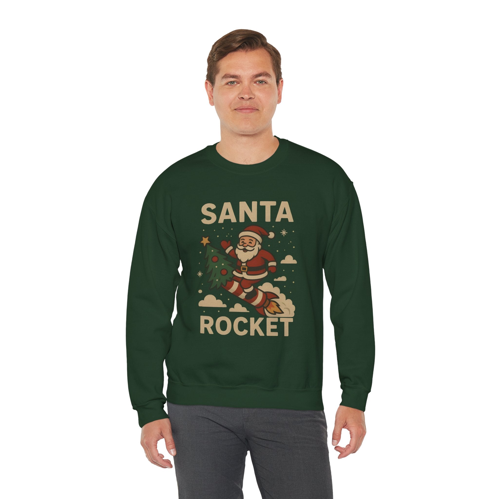 Santa Rocket Sweatshirt — Retro Christmas Santa on Rocket with 'SANTA ROCKET' Text