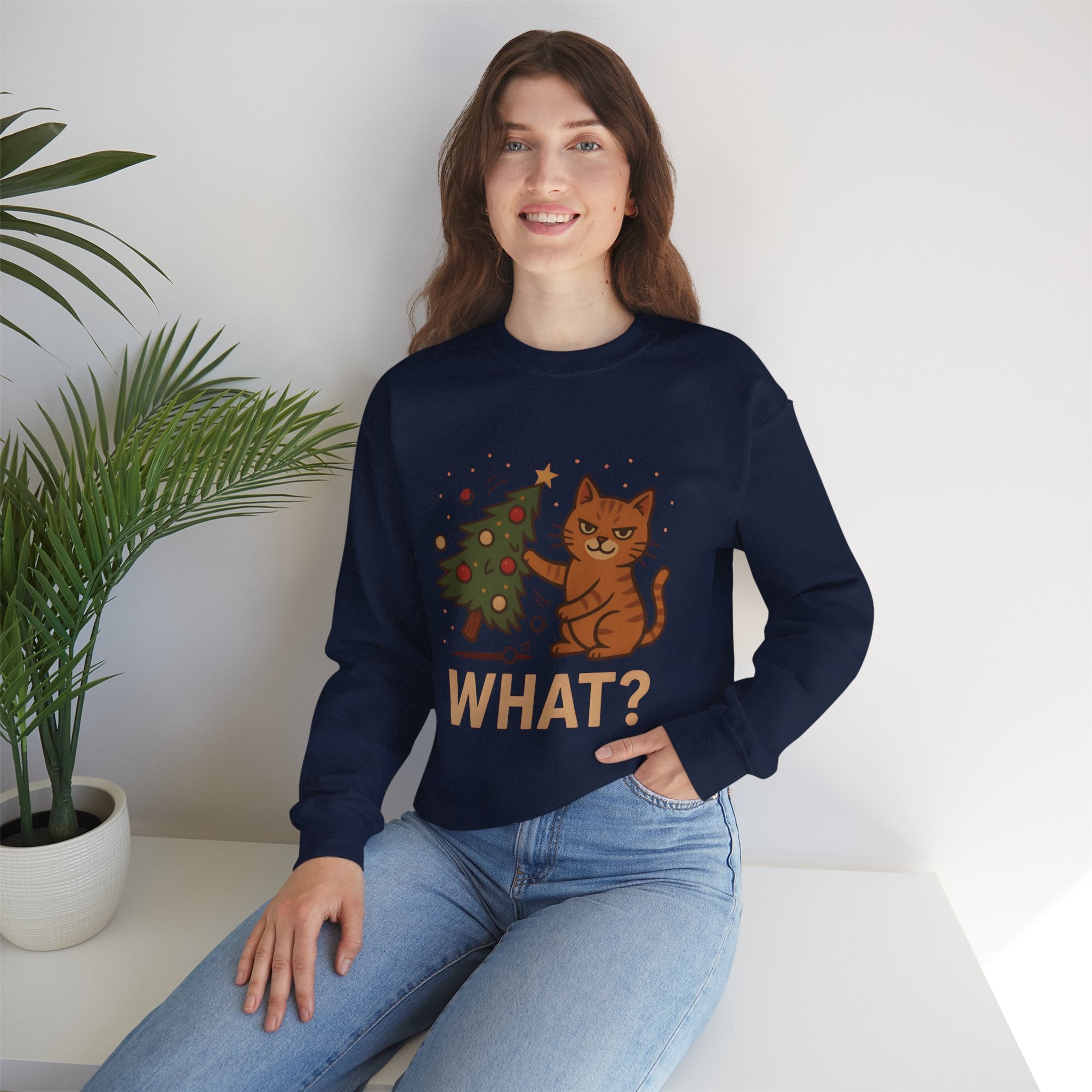 Funny Cat Christmas Sweatshirt — 'WHAT?' Kitty Knocks Over Tree Holiday Crewneck