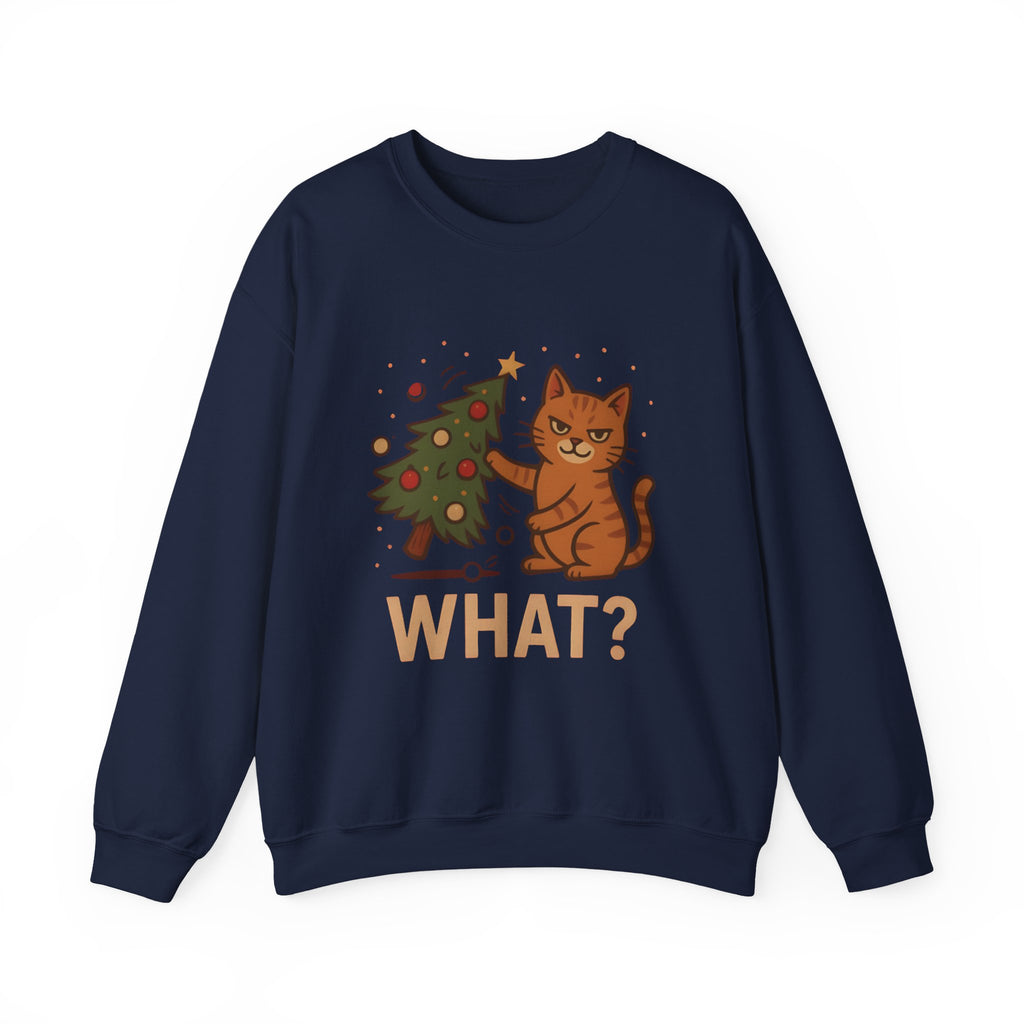 Funny Cat Christmas Sweatshirt — 'WHAT?' Kitty Knocks Over Tree Holiday Crewneck