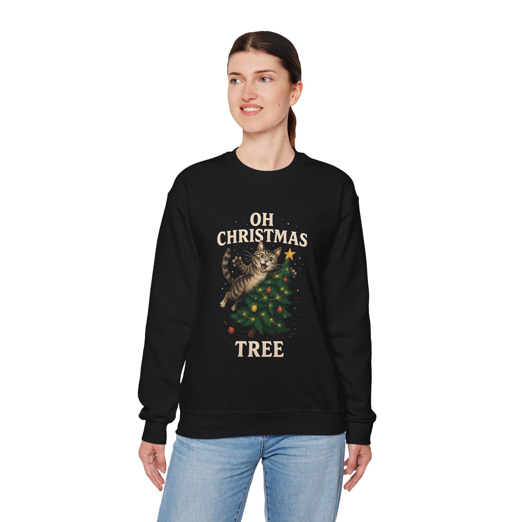 Oh Christmas Tree Cat Sweatshirt – Funny Holiday Crewneck for Cat Lovers