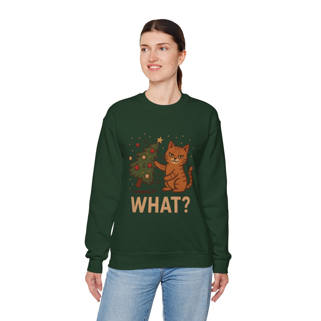 Funny Cat Christmas Sweatshirt — 'WHAT?' Kitty Knocks Over Tree Holiday Crewneck