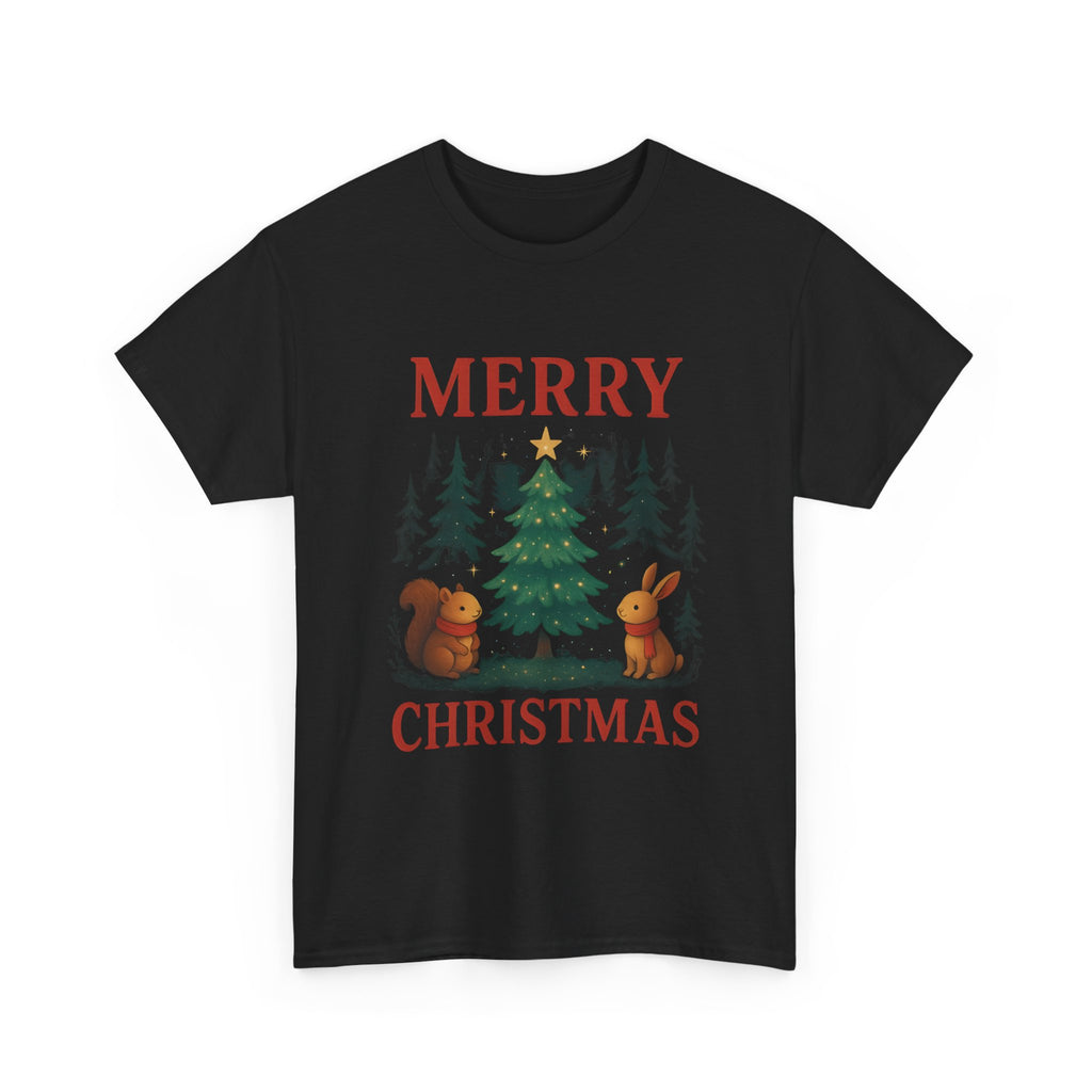 Christmas Tee — 'Merry Christmas' Woodland Tree with Squirrel & Bunny Holiday Shirt
