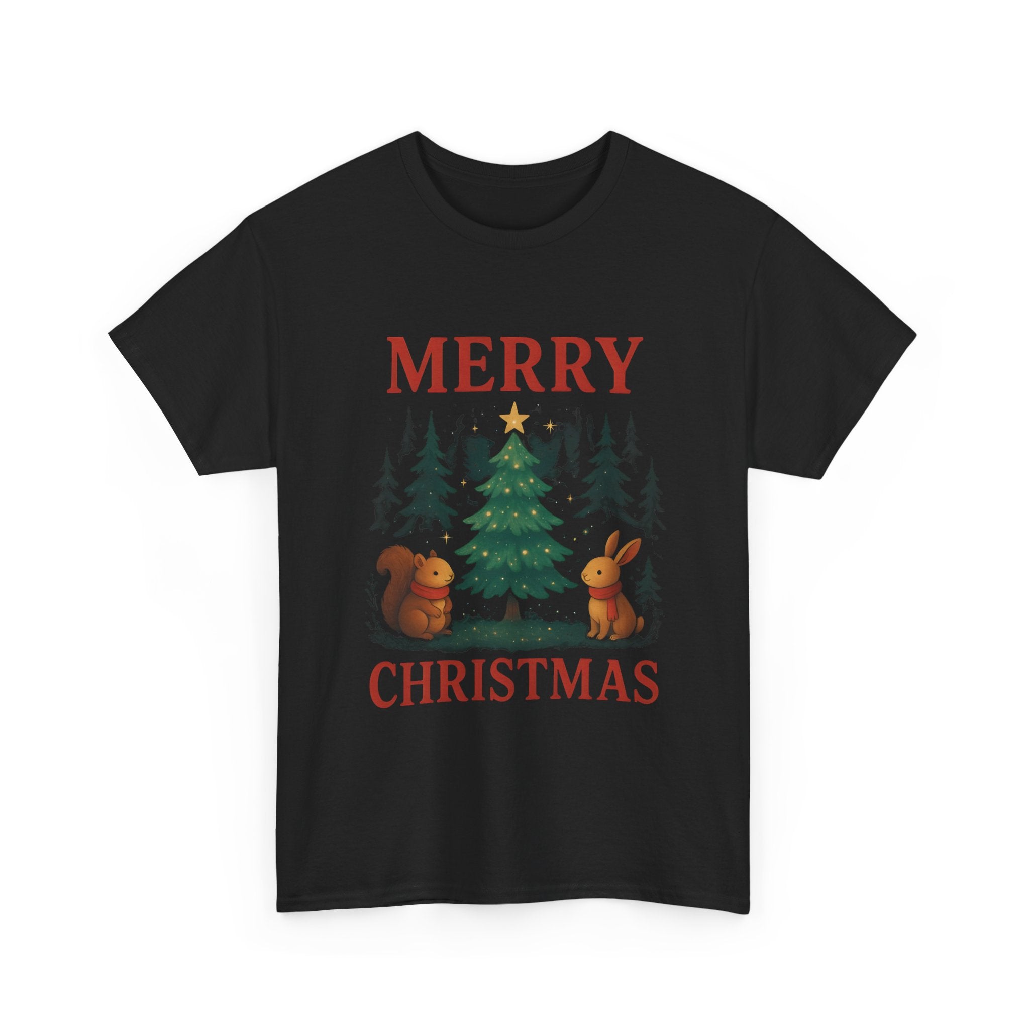 Christmas Tee — 'Merry Christmas' Woodland Tree with Squirrel & Bunny Holiday Shirt