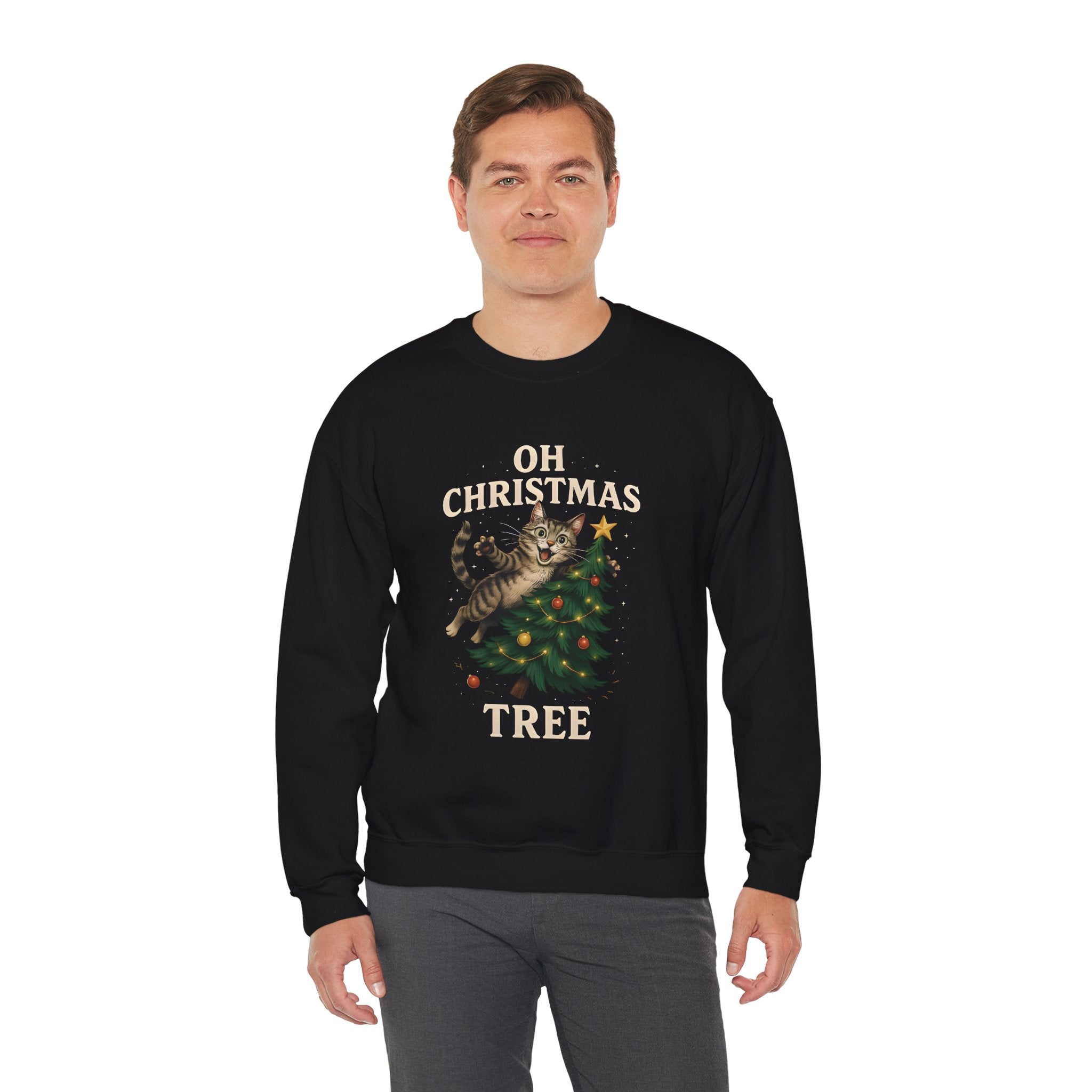 Oh Christmas Tree Cat Sweatshirt – Funny Holiday Crewneck for Cat Lovers