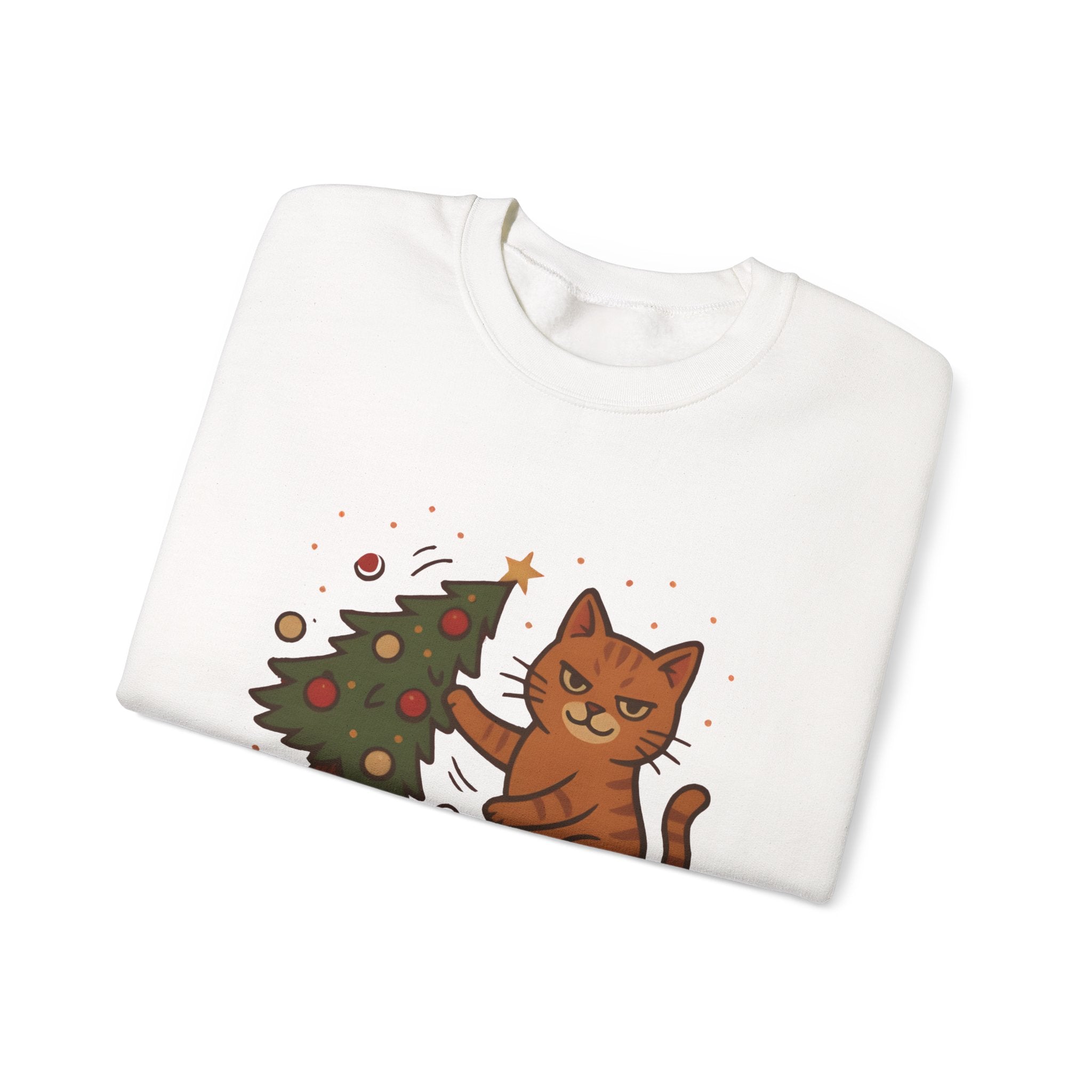 Funny Cat Christmas Sweatshirt — 'WHAT?' Kitty Knocks Over Tree Holiday Crewneck
