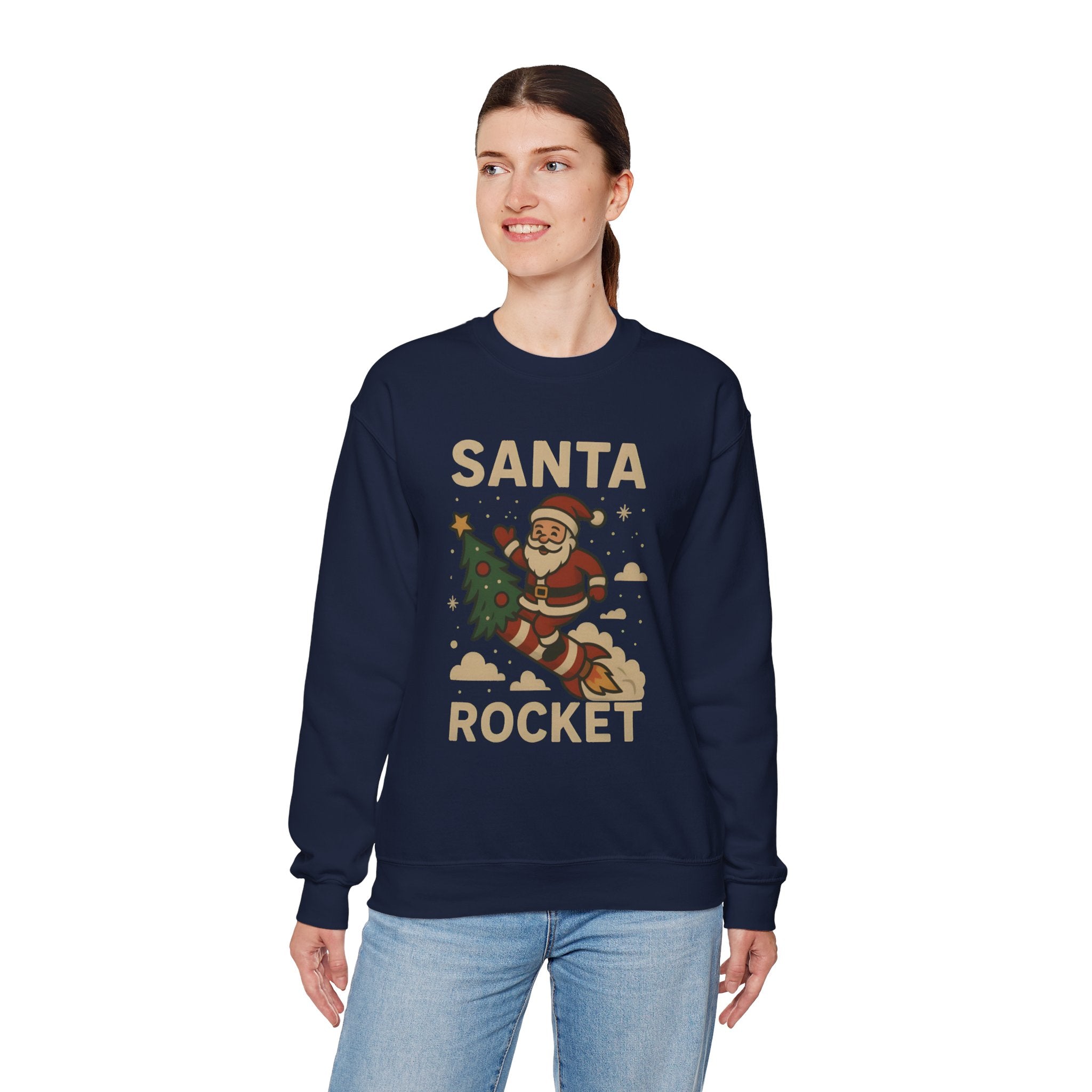 Santa Rocket Sweatshirt — Retro Christmas Santa on Rocket with 'SANTA ROCKET' Text