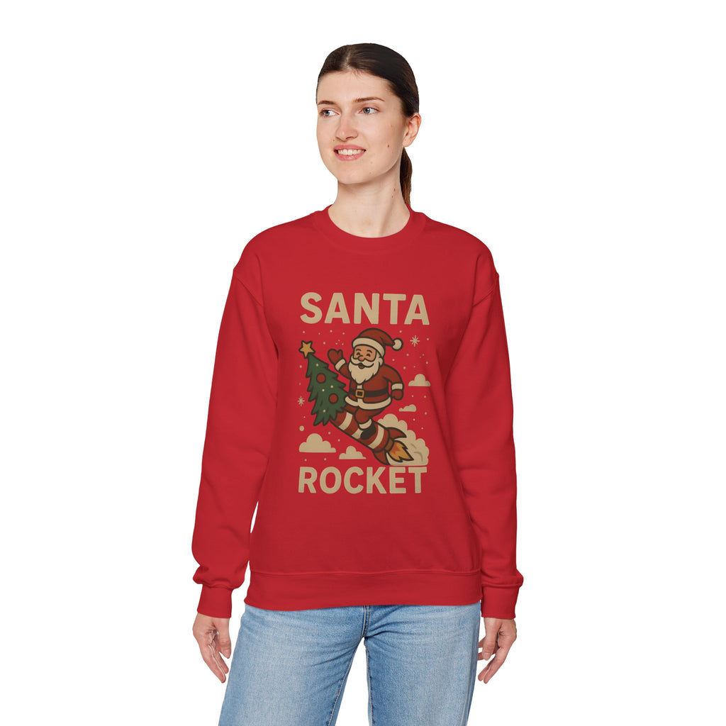 Santa Rocket Sweatshirt — Retro Christmas Santa on Rocket with 'SANTA ROCKET' Text
