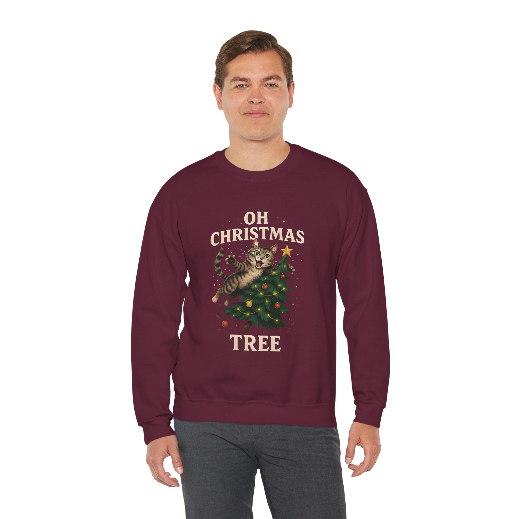Oh Christmas Tree Cat Sweatshirt – Funny Holiday Crewneck for Cat Lovers