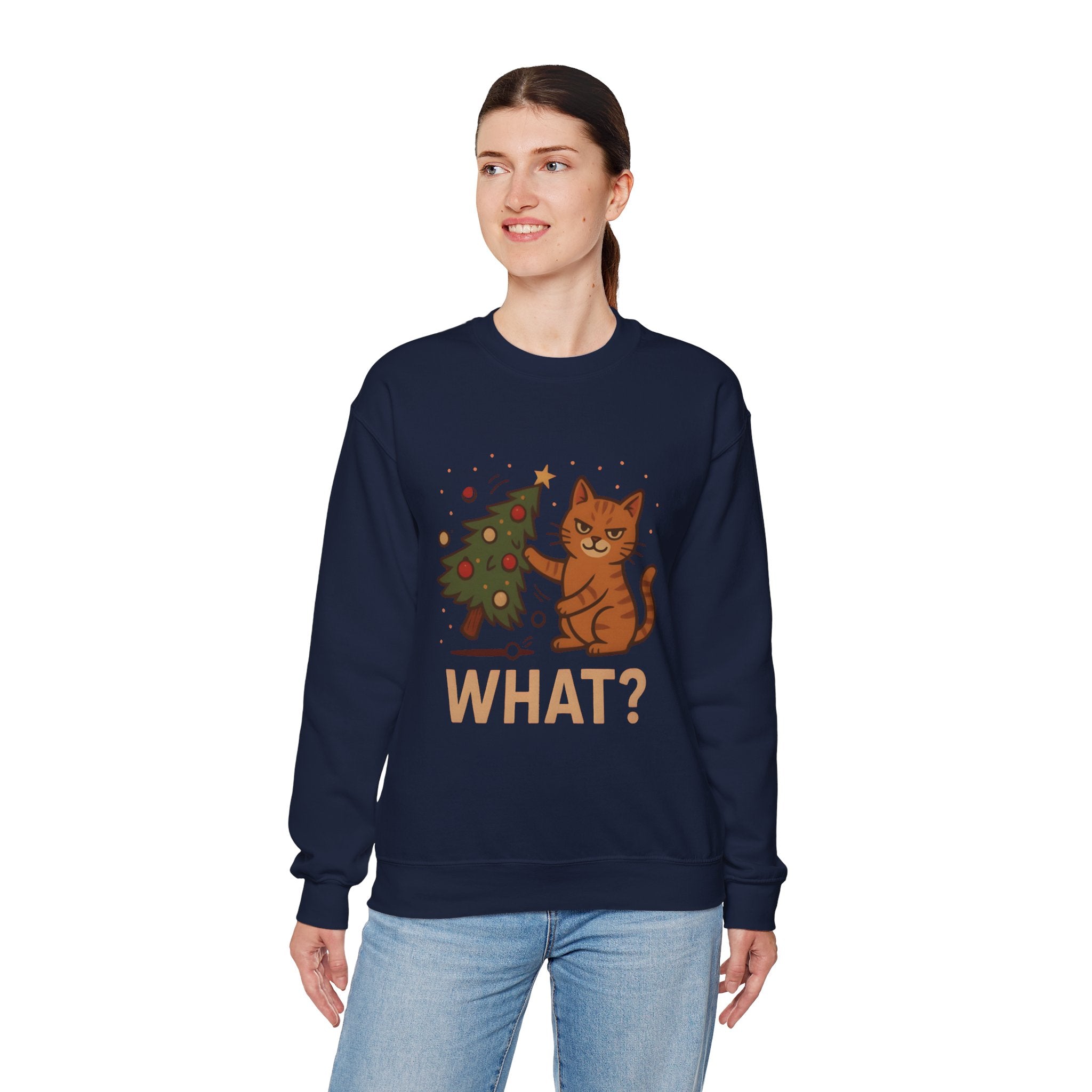 Funny Cat Christmas Sweatshirt — 'WHAT?' Kitty Knocks Over Tree Holiday Crewneck