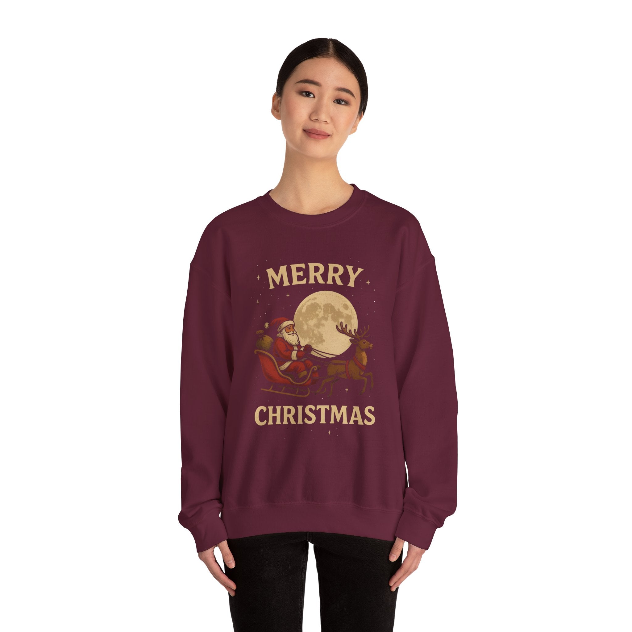 Merry Christmas Sweatshirt — Santa Sleigh Moon Graphic Crewneck