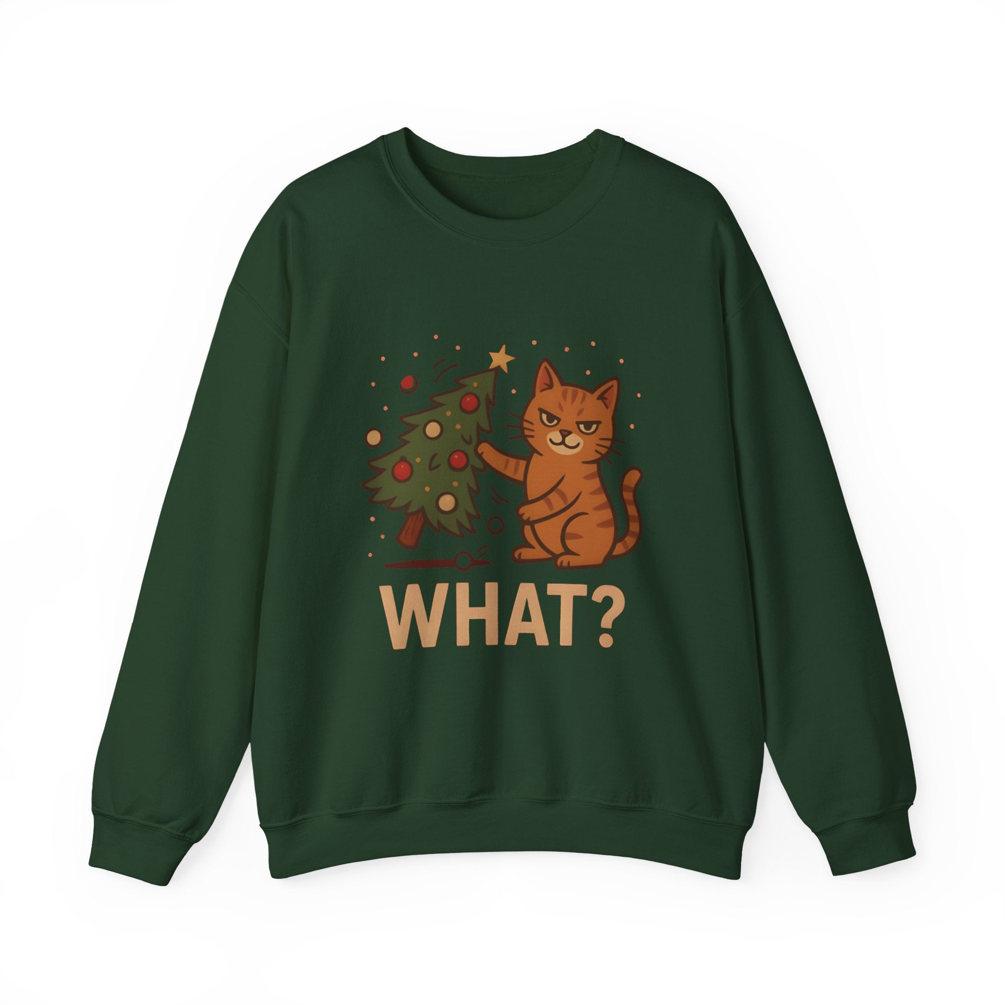Funny Cat Christmas Sweatshirt — 'WHAT?' Kitty Knocks Over Tree Holiday Crewneck