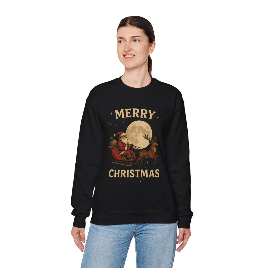 Merry Christmas Sweatshirt — Santa Sleigh Moon Graphic Crewneck