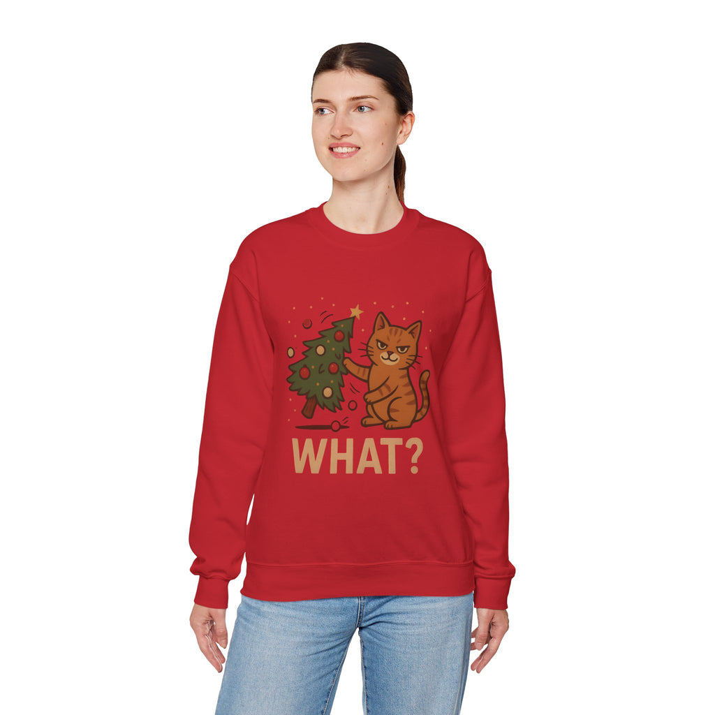 Funny Cat Christmas Sweatshirt — 'WHAT?' Kitty Knocks Over Tree Holiday Crewneck