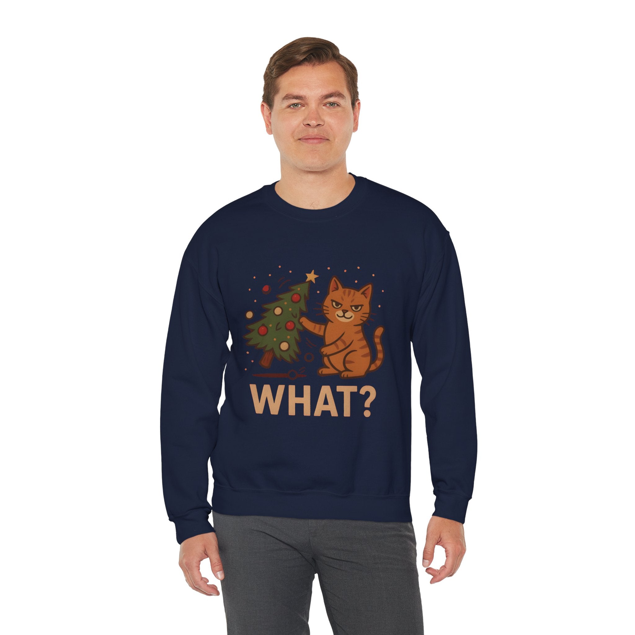 Funny Cat Christmas Sweatshirt — 'WHAT?' Kitty Knocks Over Tree Holiday Crewneck