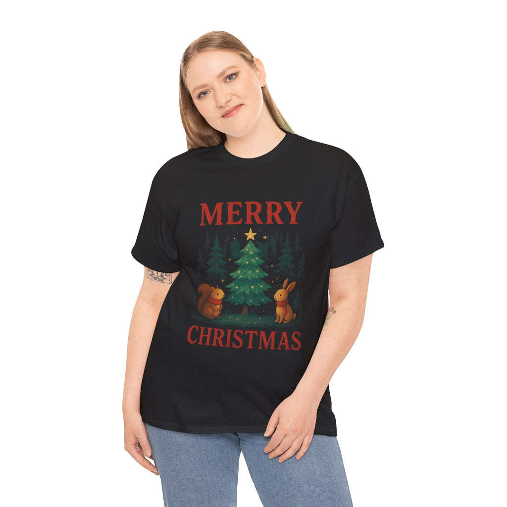 Christmas Tee — 'Merry Christmas' Woodland Tree with Squirrel & Bunny Holiday Shirt