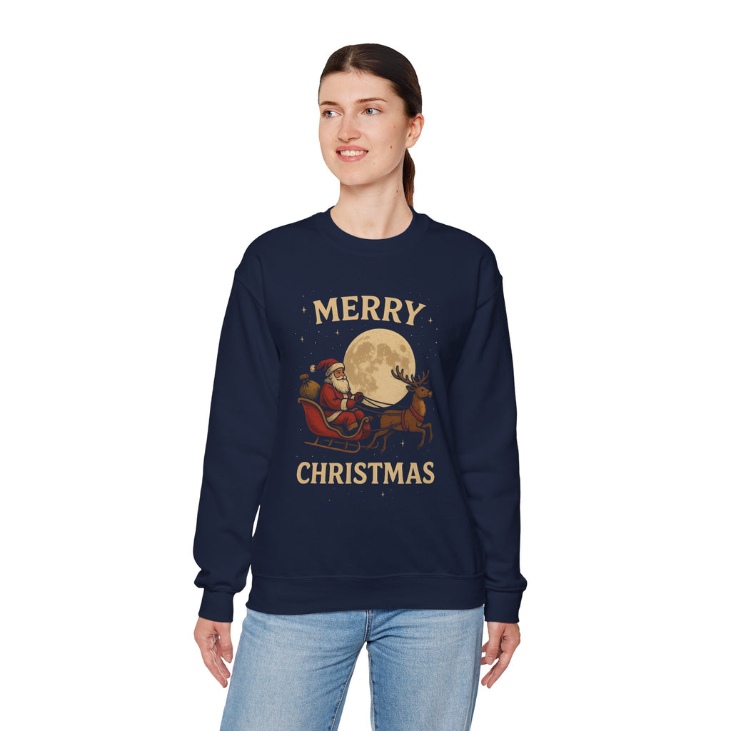 Merry Christmas Sweatshirt — Santa Sleigh Moon Graphic Crewneck