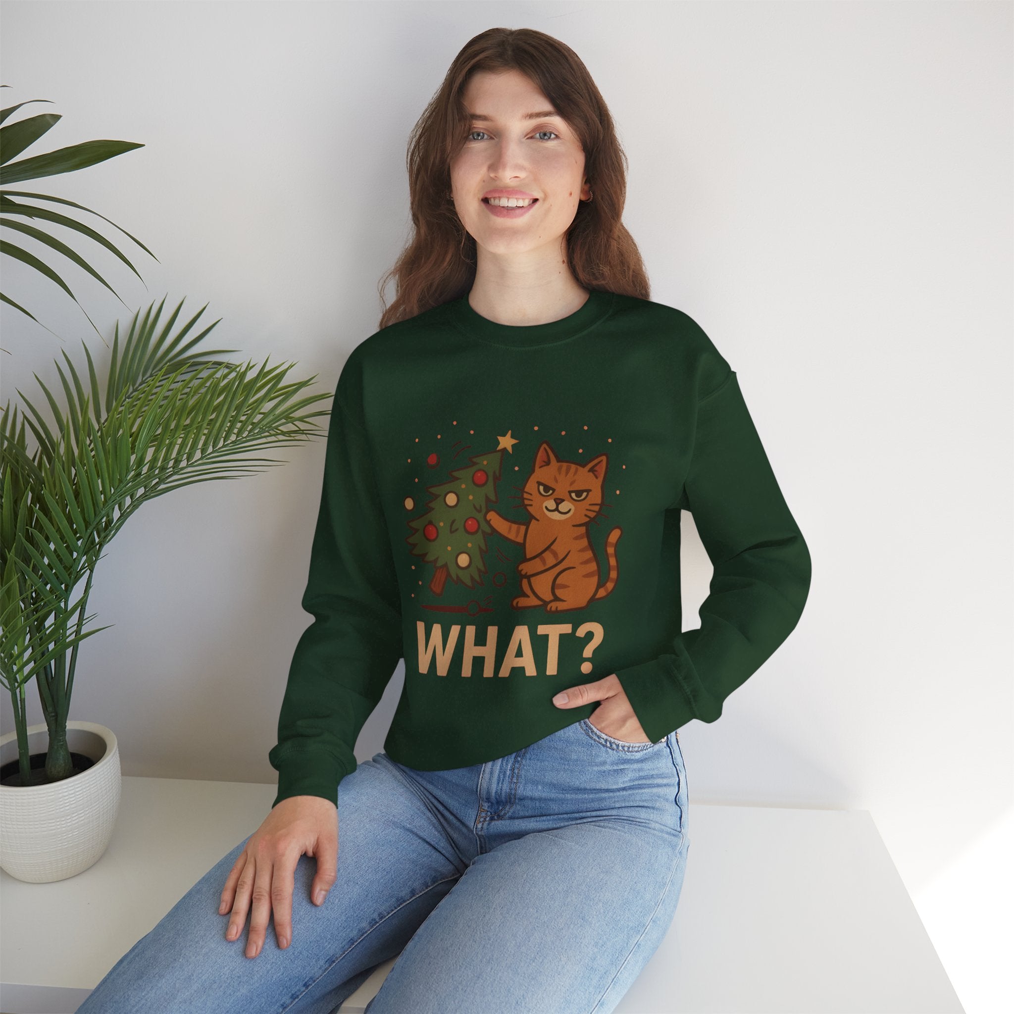 Funny Cat Christmas Sweatshirt — 'WHAT?' Kitty Knocks Over Tree Holiday Crewneck