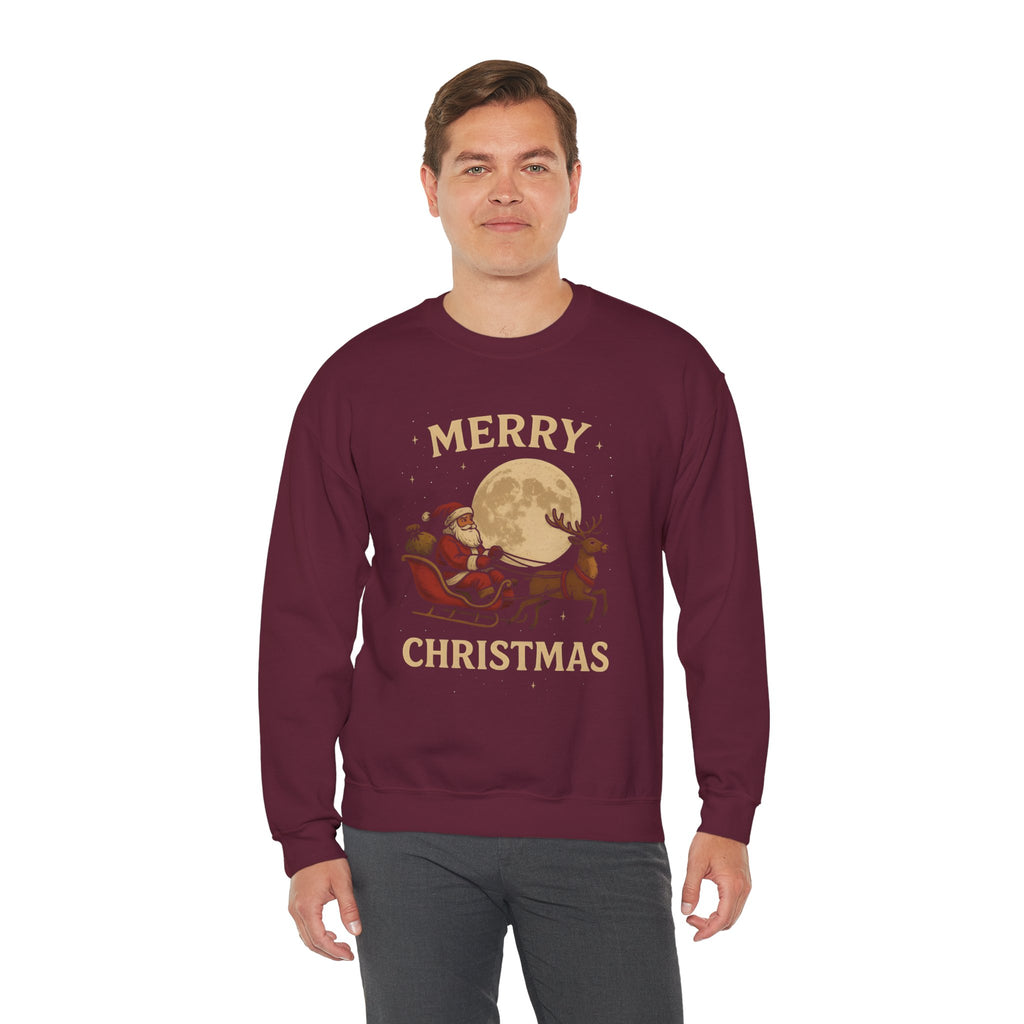 Merry Christmas Sweatshirt — Santa Sleigh Moon Graphic Crewneck