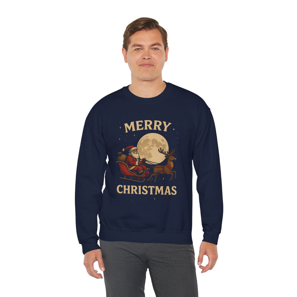 Merry Christmas Sweatshirt — Santa Sleigh Moon Graphic Crewneck