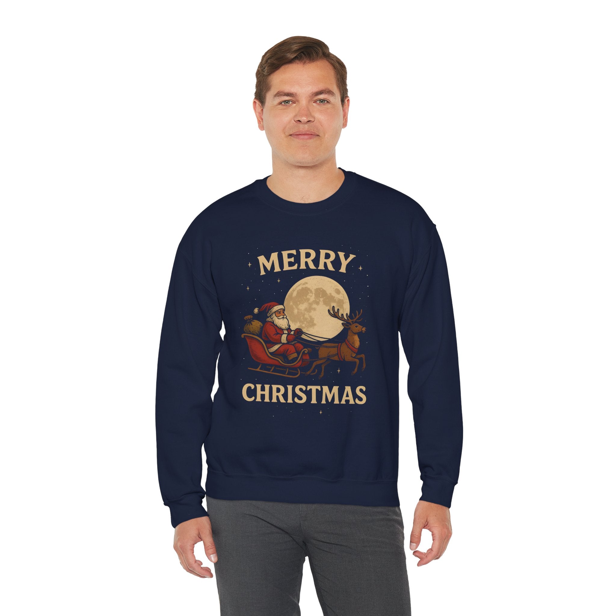 Merry Christmas Sweatshirt — Santa Sleigh Moon Graphic Crewneck