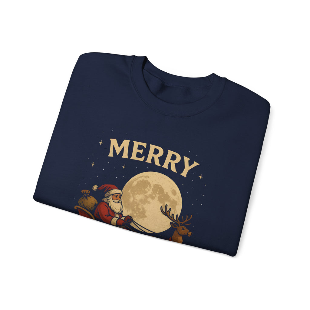 Merry Christmas Sweatshirt — Santa Sleigh Moon Graphic Crewneck